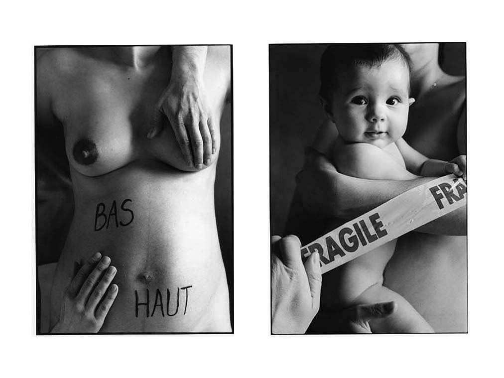 Photo femme enceinte avec inscriptions, bas haut, puis avec bébé, fragile.