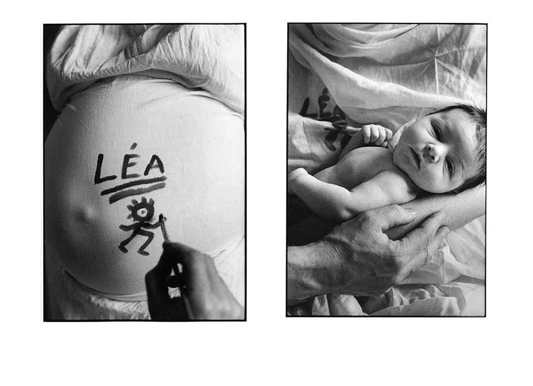 Photo ventre femme enceinte couvert d'un drap avec prénom bébé dessus suivi de photo bébé.