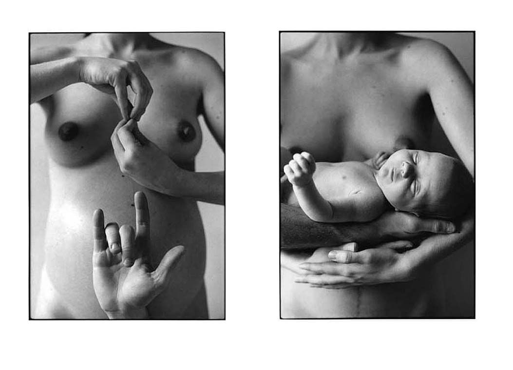 Diptyque photo femme enceinte et bébé avec ses parents.