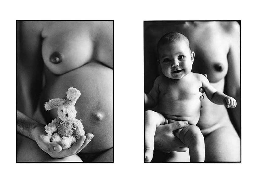 Photo femme enceinte avec lapin peluche suivie d'une photo de bébé.