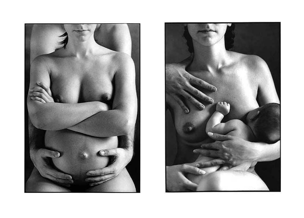 Diptyque en noir et blanc de femme enceinte et parents avec bébé.