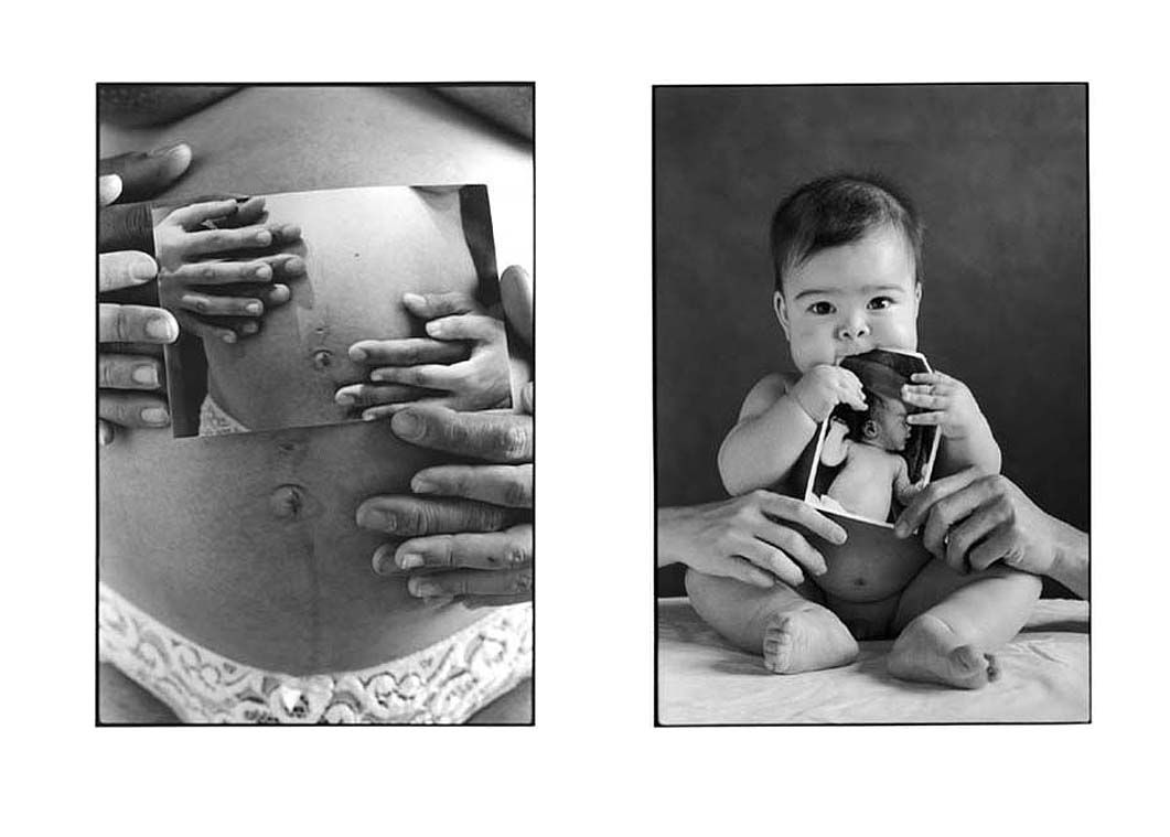 Photo femme enceinte puis bébé sous forme de diptyque noir et blanc.